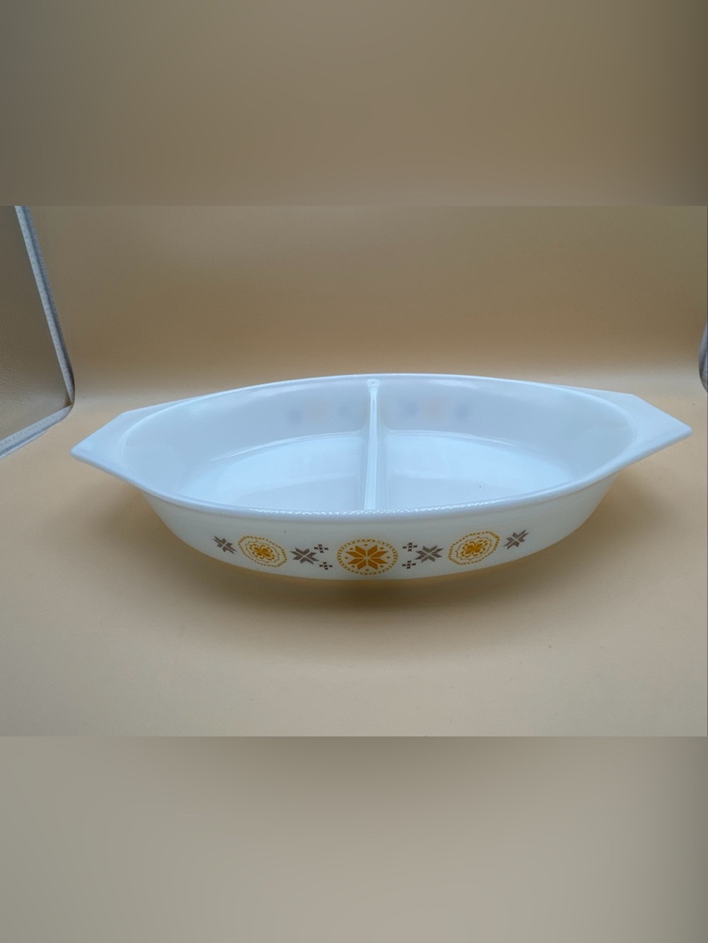 Pyrex White Divided Serving Dish with Gold and Gray Medallion Pattern